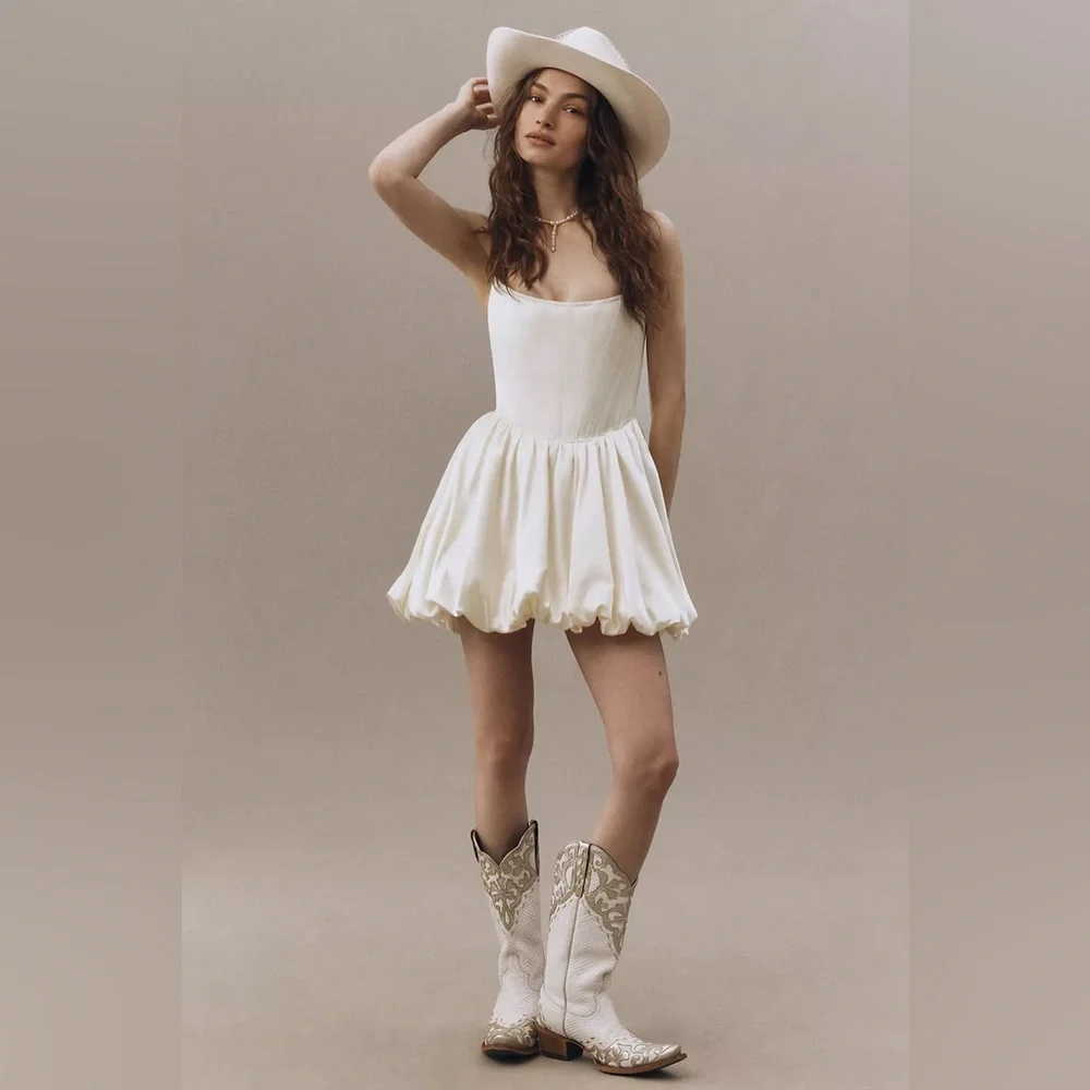 Strapless Cream Mini Dress with Bubble Hem - Picture 3 of 7